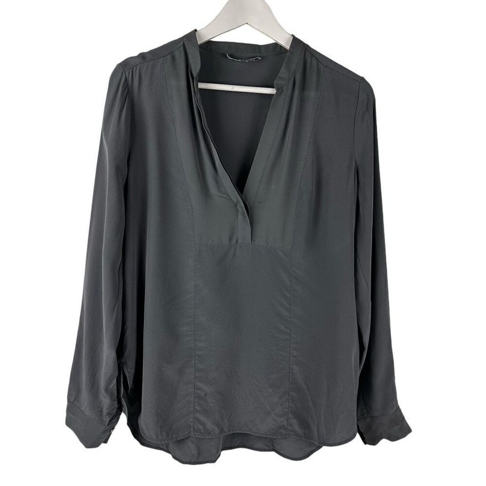 Vince Medium Half Placket Tuxedo Silk Blouse V-Neck Gray Top